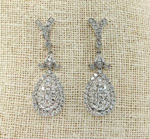 3.72 Carats Pave Set Round Diamond Halo Earrings 18K White Gold 1.30 Inch Drop