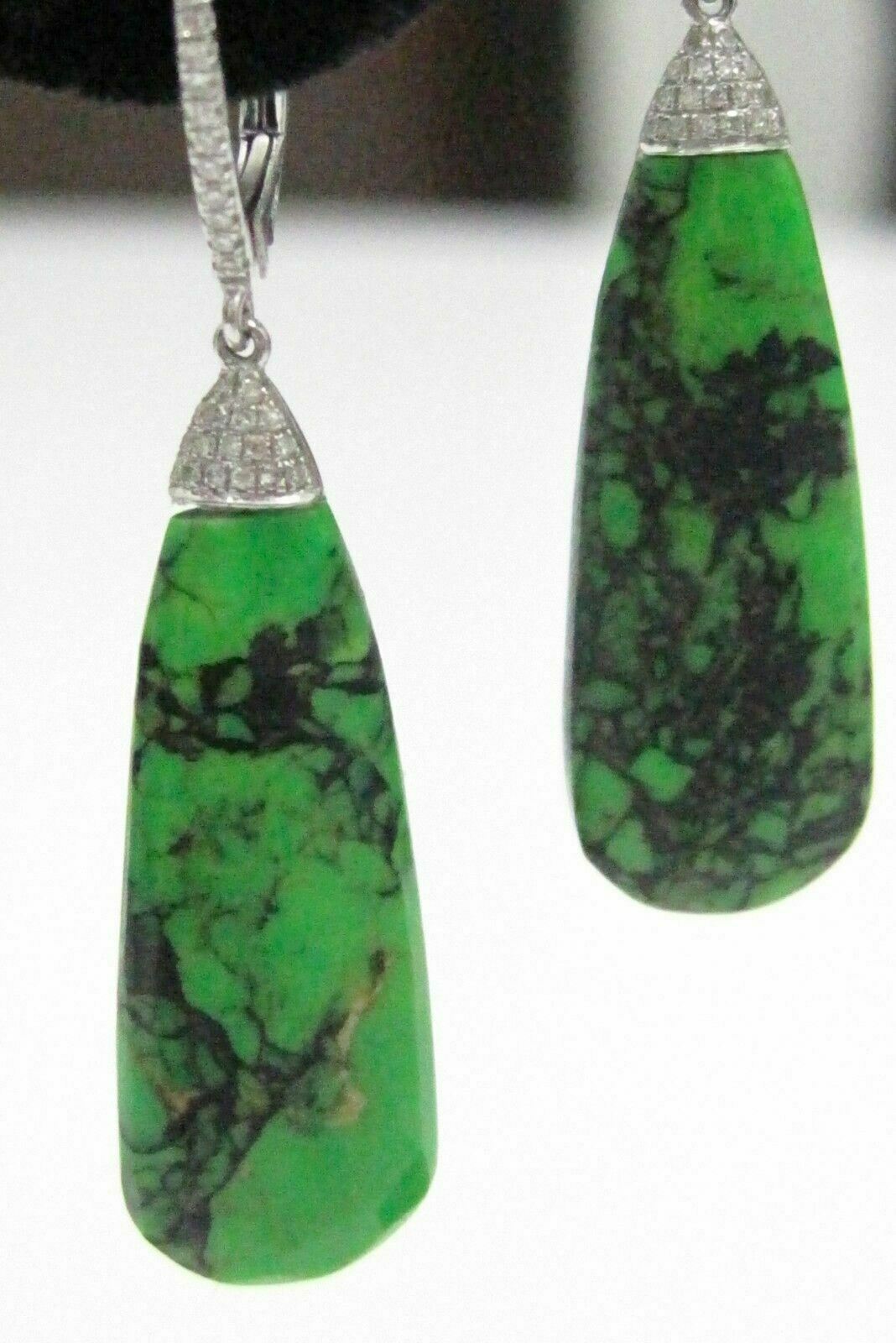 14.86 TCW Pear Elongate Green Opal Diamond Dangling Earrings 14k WG