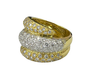 Pave Round Brilliants Three Row Dome Diamond Ring 4.15 Carats Yellow Gold