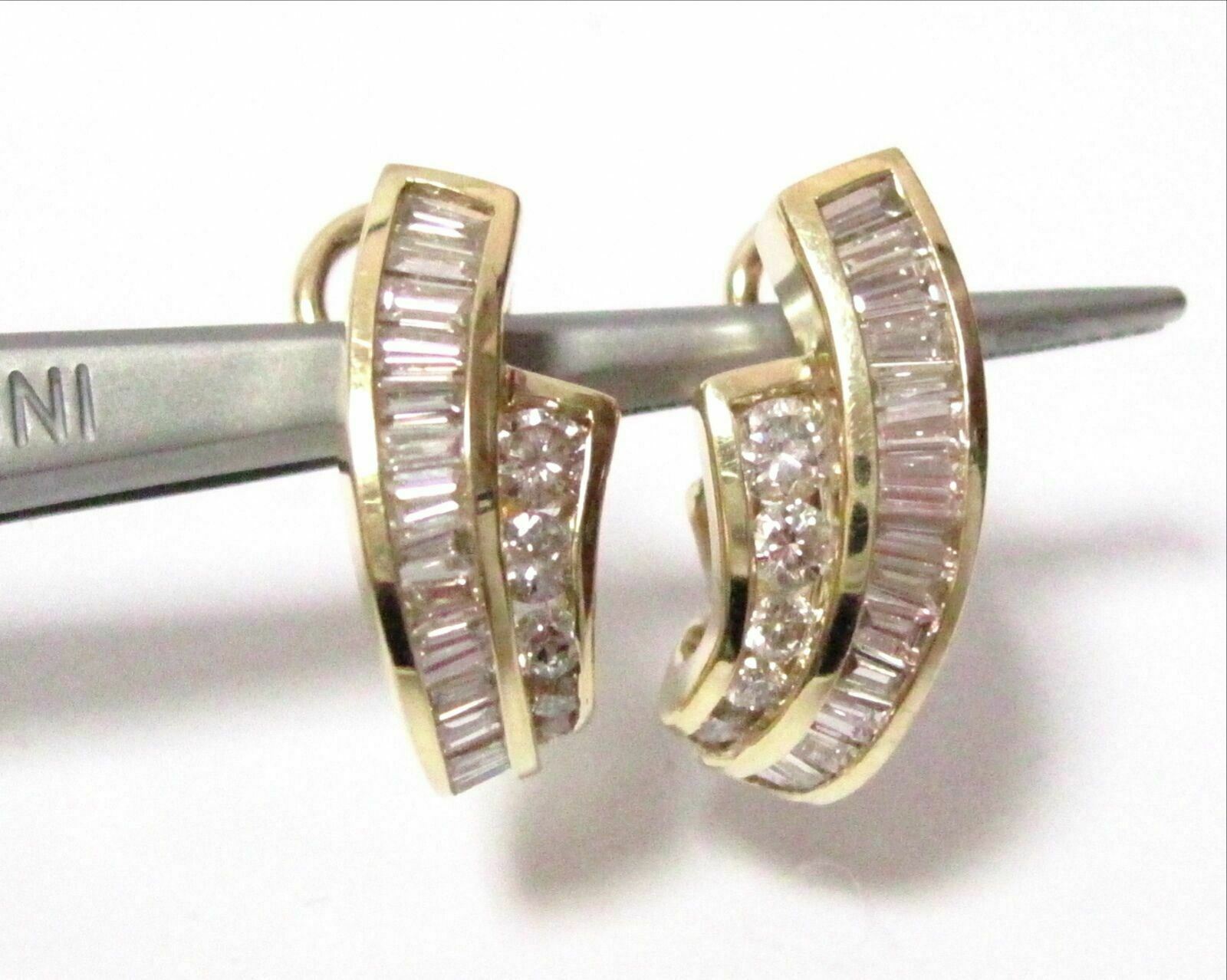 2.15 TCW Baguette & Round Cut Diamonds Huggie Earrings H VS2 14k Yellow Gold