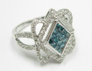 1.30 TCW Natural Round Blue & White Diamonds Square Cocktail Ring Size 7 14kt WG