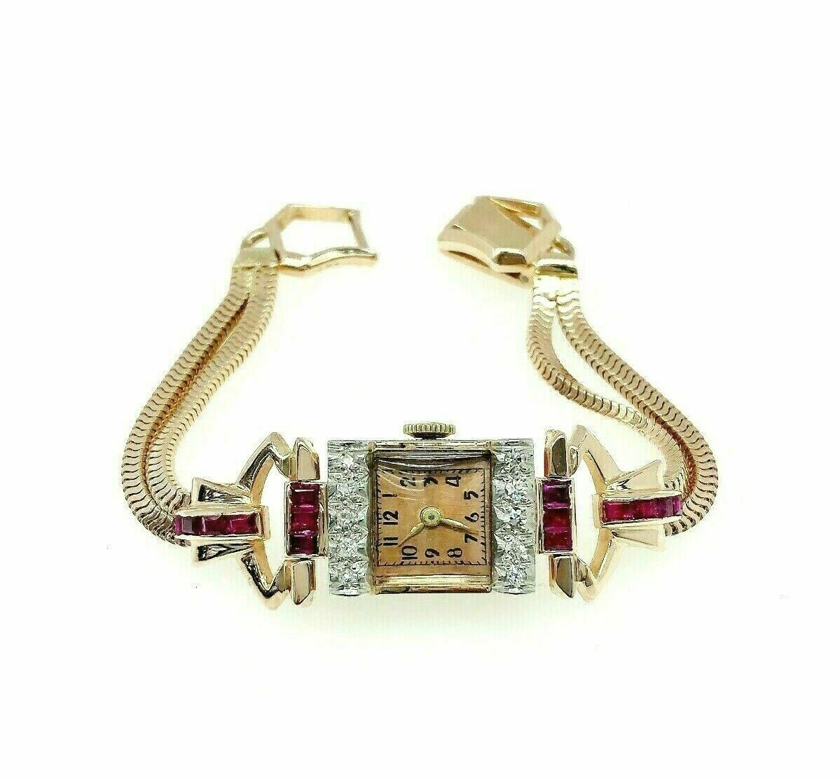 1.50 Carats t.w. Vintage Diamond & Ruby Solid 14 Karat Rose Gold Watch Bracelet
