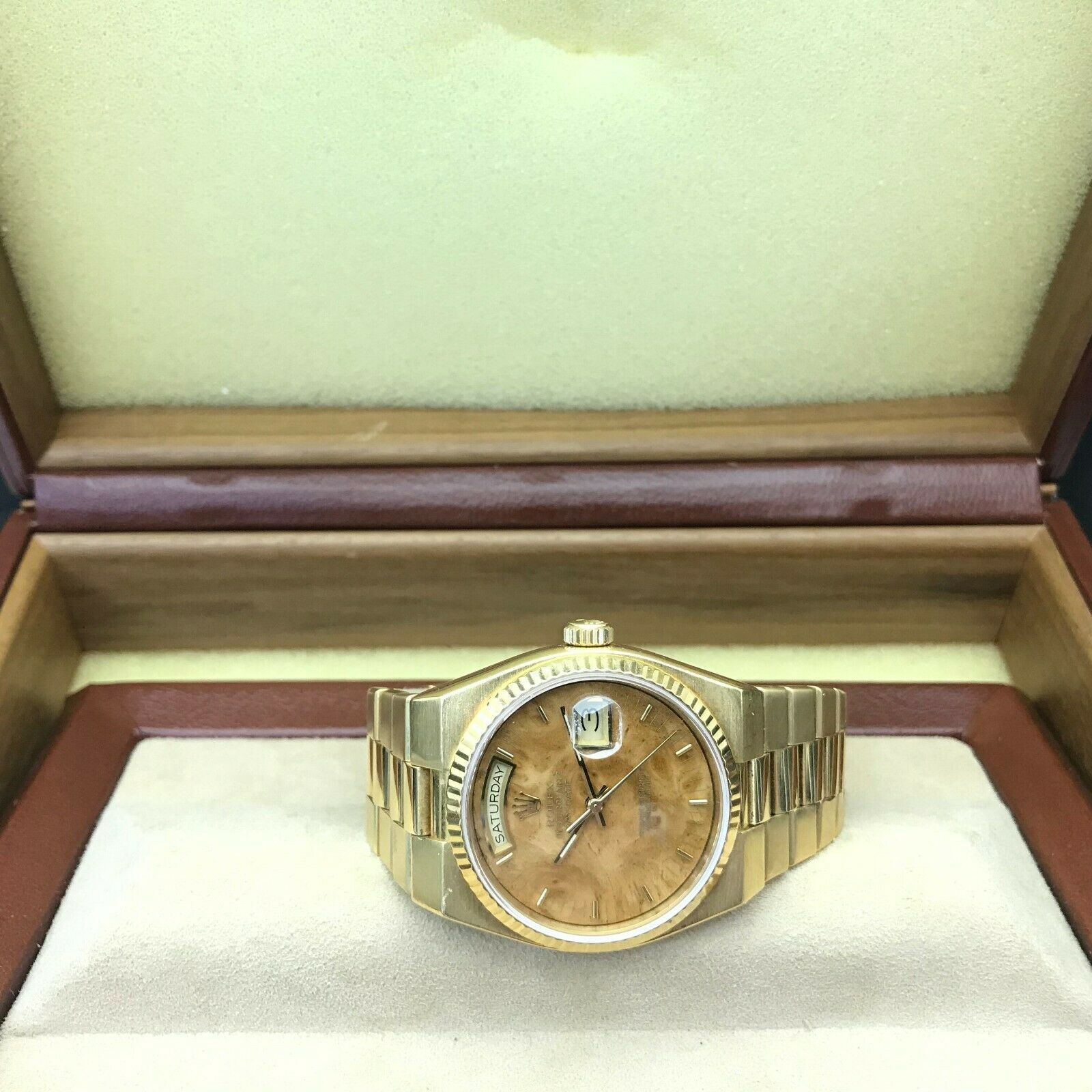 Rolex Day Date President 36mm Exotic Wood Dial Quartz 18k Yellow Gold Ref 19018