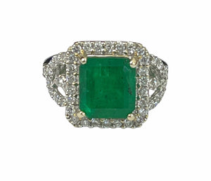 Square Columbian Emerald Diamond Ring White Gold 18kt
