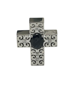 Cross Cube Diamond Pendant with Sapphire Gem White Gold 14kt