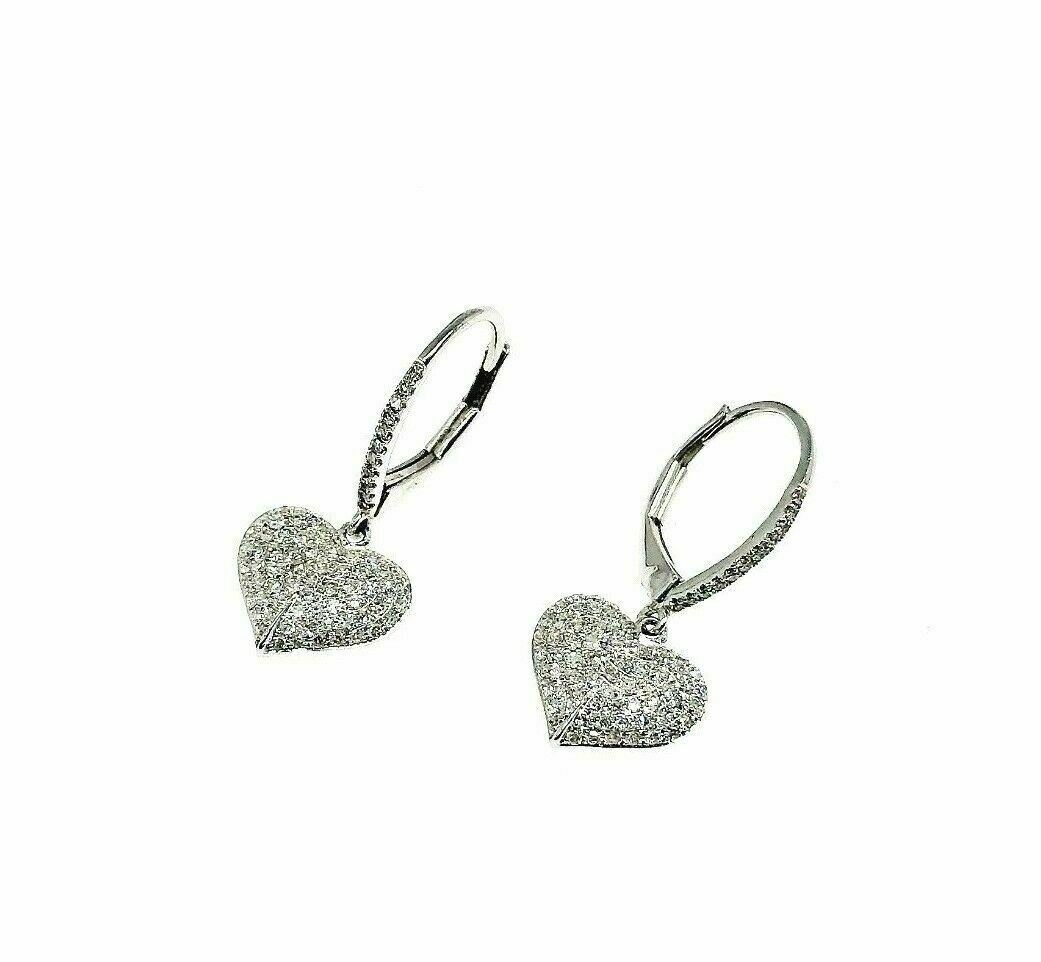 0.52 Carat t.w. Diamond Pave Heart Leverback Dangle Earrings 14K White Gold