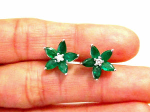 FINE 2.02 TCW Flower Marquise Emerald Gem & Diamond Stud Earrings 14k WG