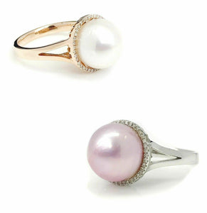 11 mm Pearl (Pink/White )Diamond Halo Ring 14K Gold (White/Rose)