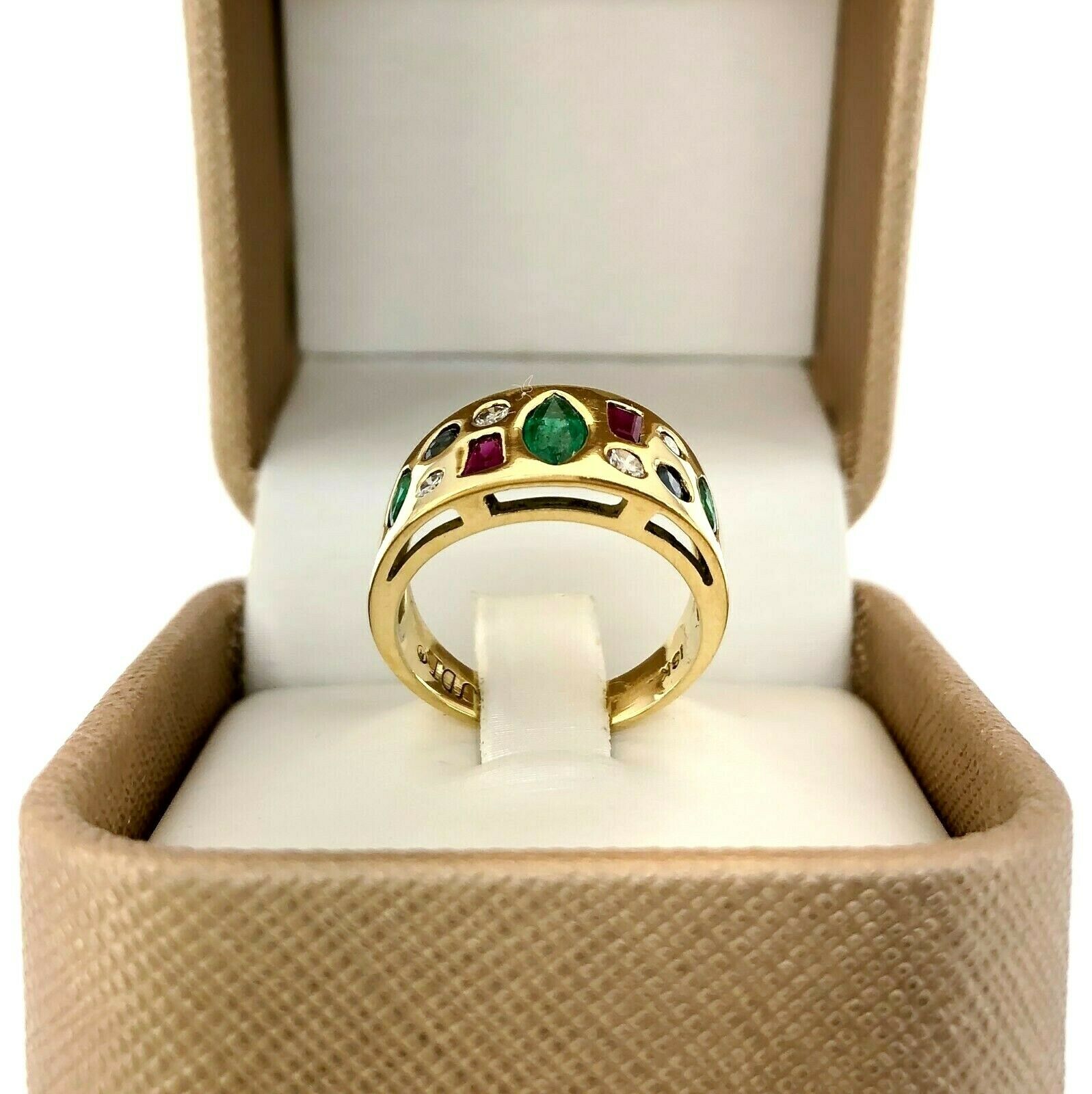 0.88 Carats t.w. Diamond Emerald Ruby Sapphire Bezel Set Ring 18K Yellow Gold