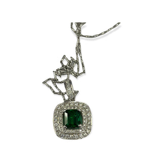 Emerald Gem Double Halo Cushion Diamond Pendant with Chain 14kt