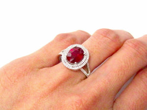 Fine Natural Oval Ruby Gem Diamond Ring 14kt White Gold
