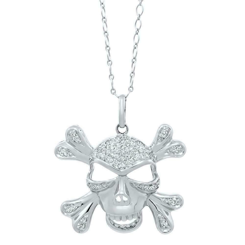 1.02 Carats Pirate Skull Diamond Pendant 14K White Gold w 14K Chain 1.50 x 1.35