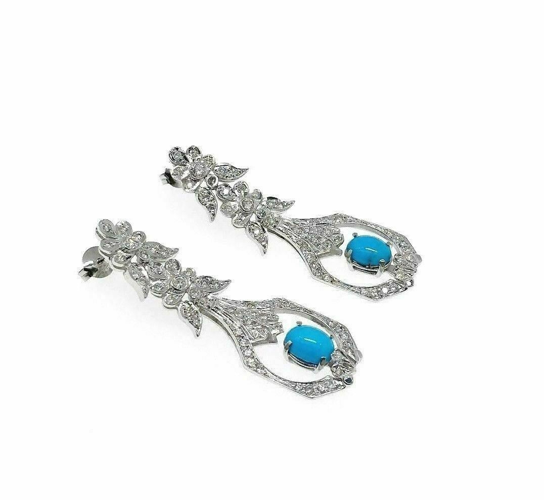 Turquoise and Diamond Dangle Drop Earrings in 14K White Gold 1.15 Carat Diamond