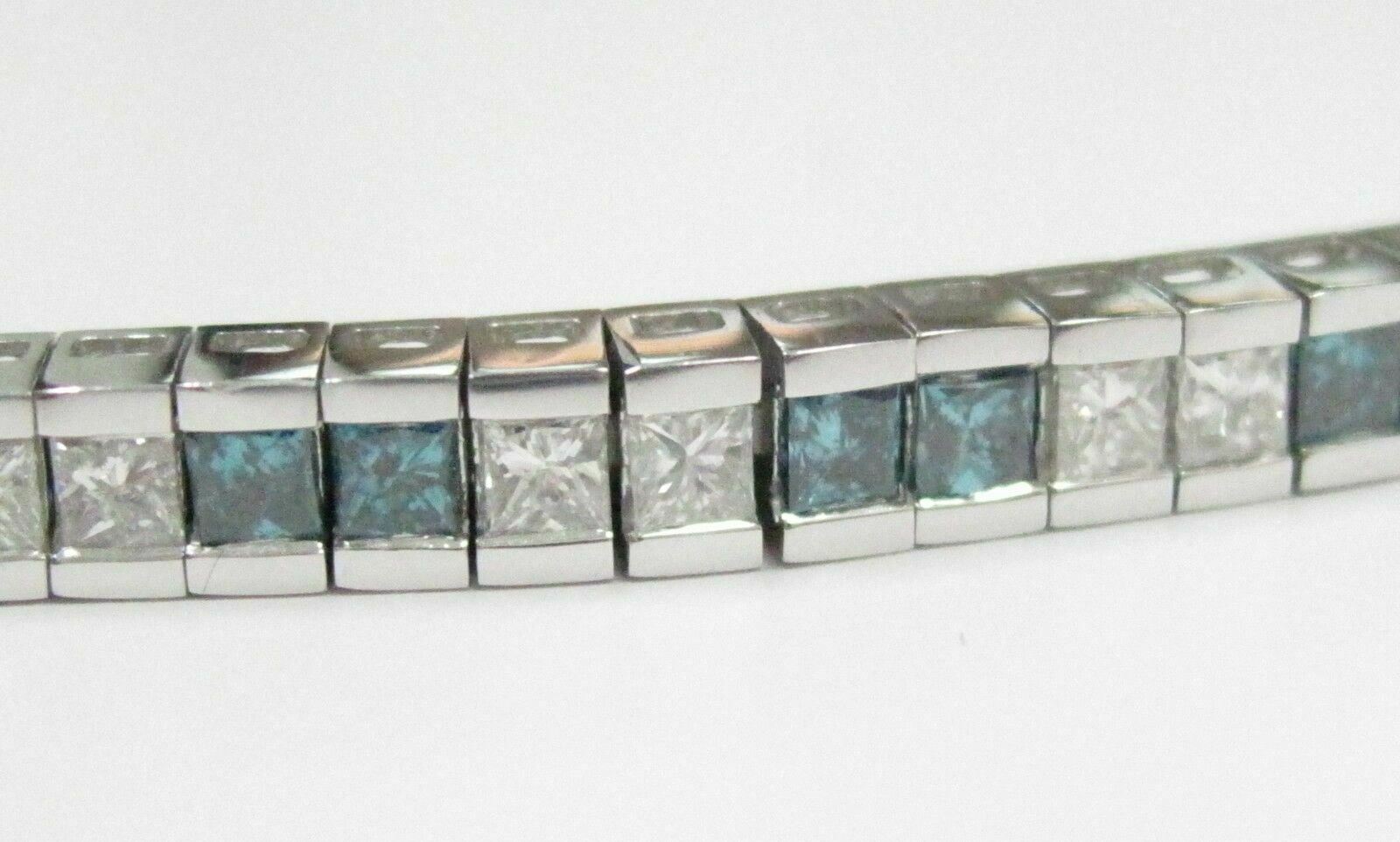 6.17 TCW Natural Blue and White Princess Cut Diamond Tennis Bracelet 14k WG