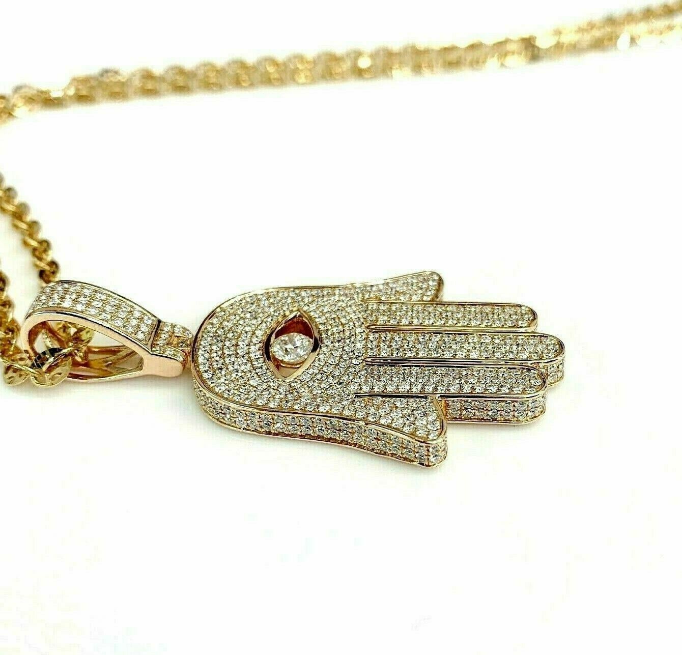 4.06 Carats t.w. Hamsa Evil Eye MicroPave Pendant 18K Gold w 18K Rose Gold Chain