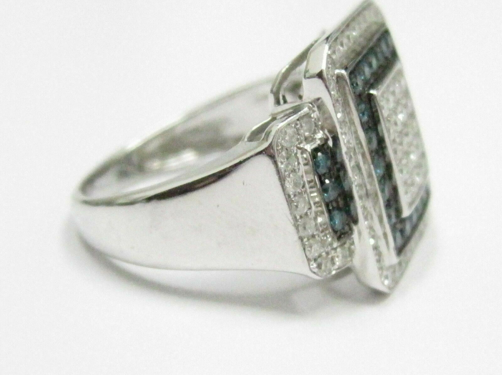 1.18 TCW Natural Round Blue & White Diamonds Square Cocktail Ring Size 7 14kt WG
