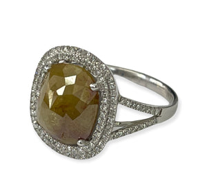 Natural Fancy Green Cushion Rustic Diamond Ring Double Halo White Gold 14kt