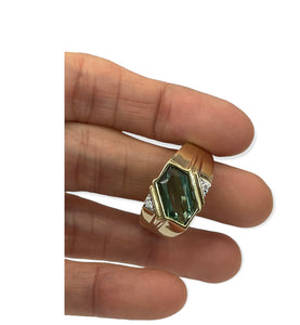 Green Tourmaline Gem Diamond Ring Unisex yellow Gold 14kt