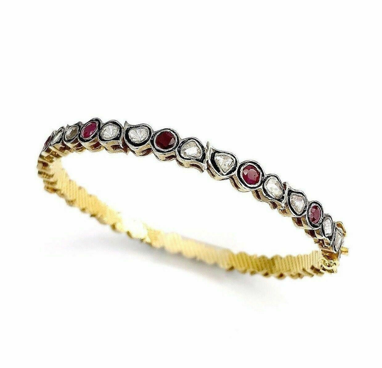 4.15 Cts Natural Rose Cut Diamond & Ruby Bangle/Bracelet 14k Gold and Silver