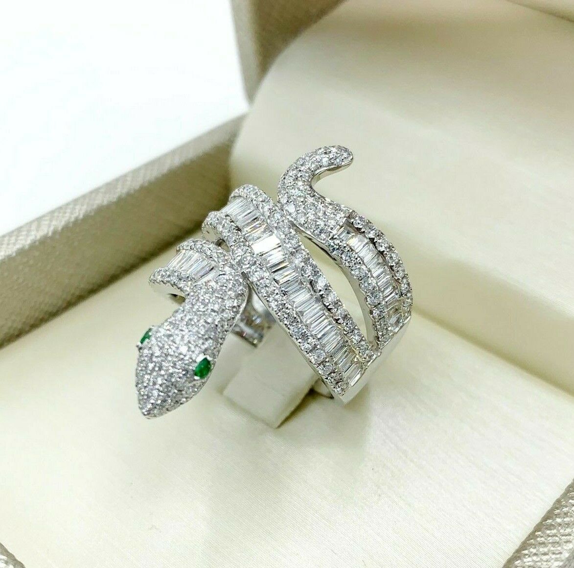 2.33 Carat Pave Channel Diamond and Emerald Snake Serpant Ring 18K White Gold