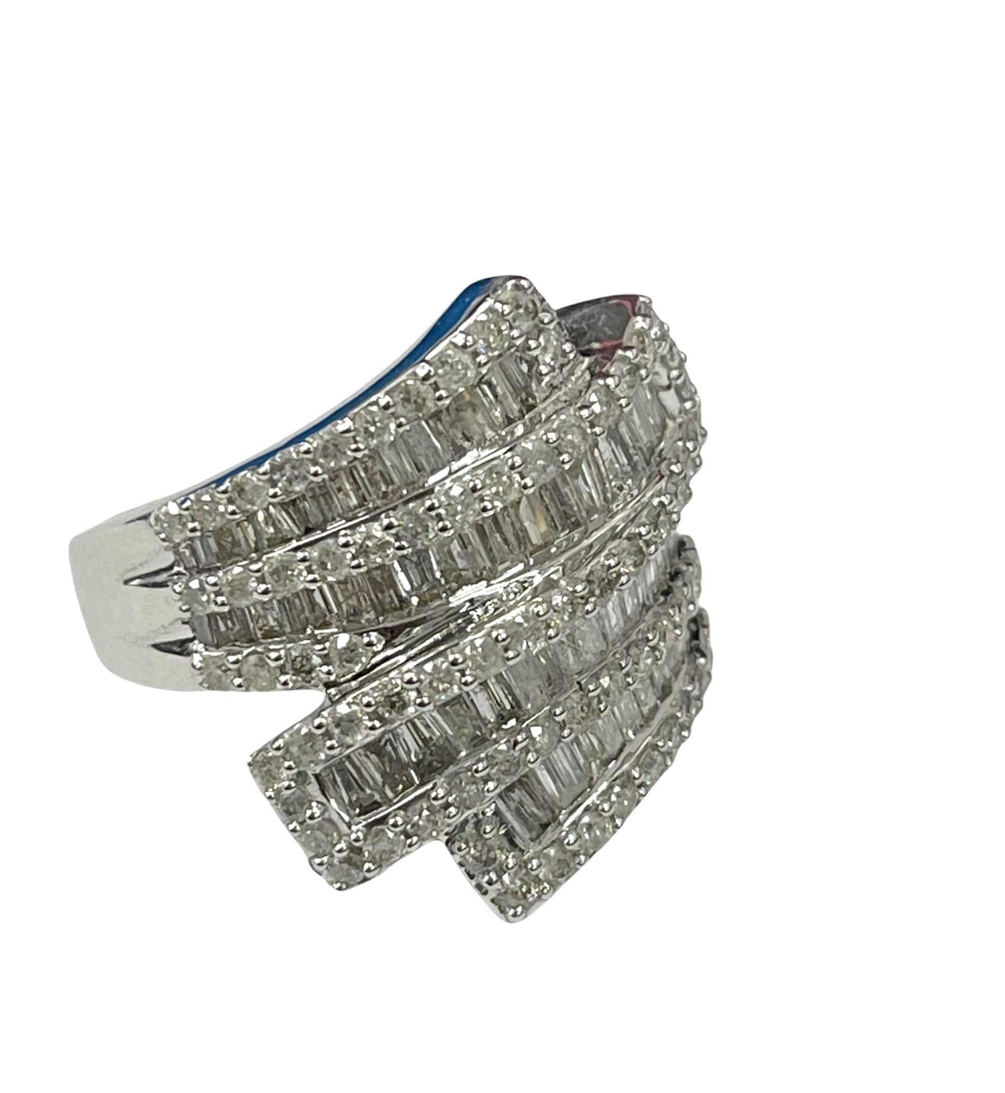 Baguettes Four Rows Flowing Diamond Ring with Round Brilliants Accents 14kt