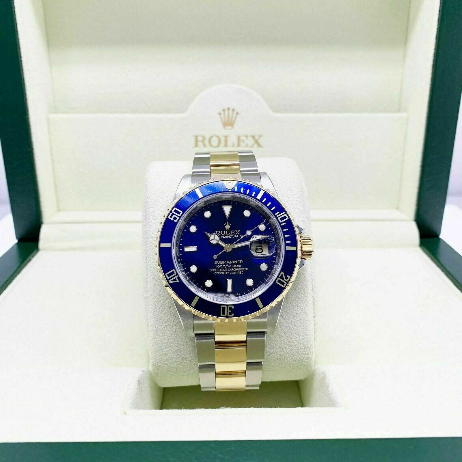 Rolex Blue Submariner Date 18K Yellow Gold & Steel Watch Ref 16613 M Serial