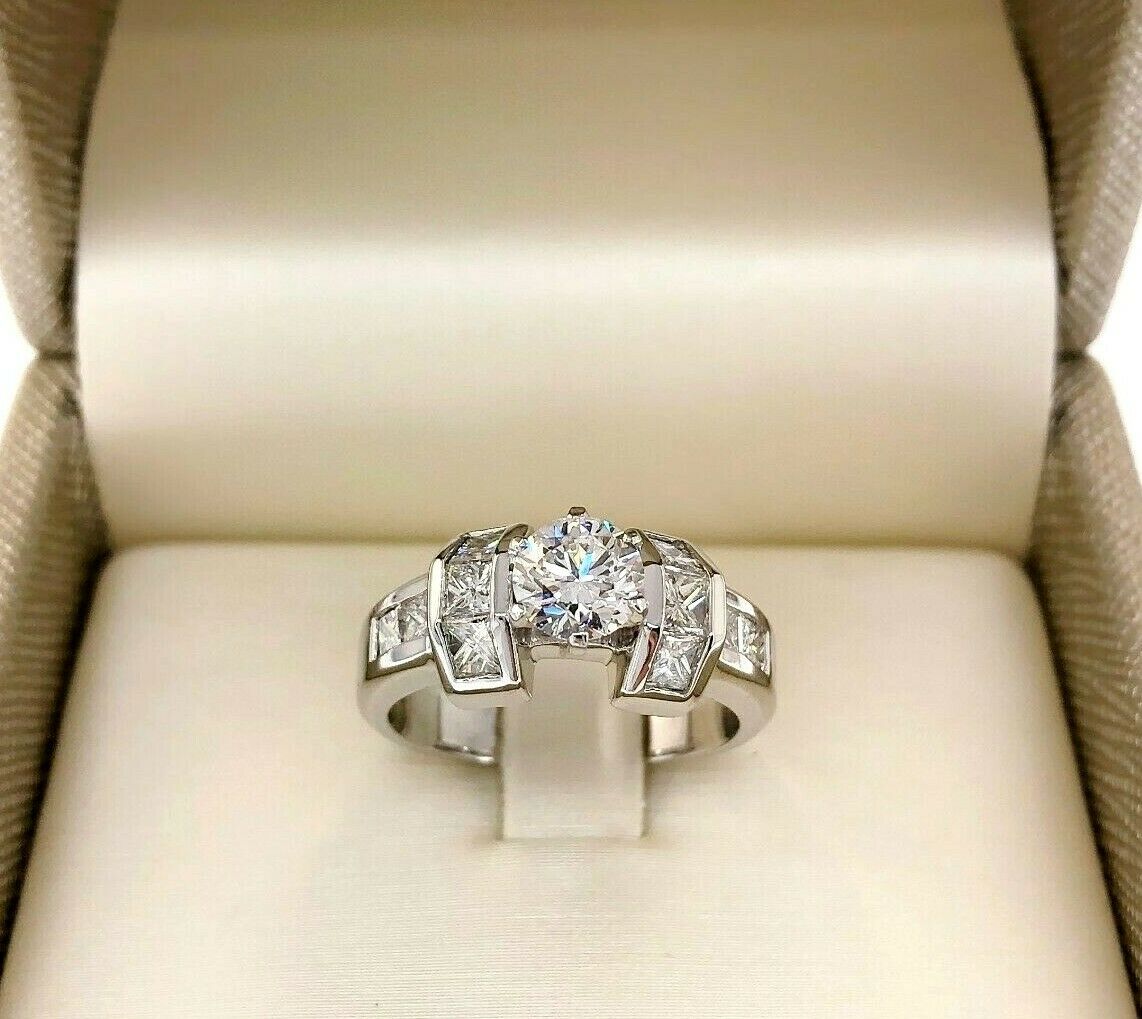 1.51 Carats Princess and E SI2 Round Cut Diamond Channel Set Engagement Ring 14K