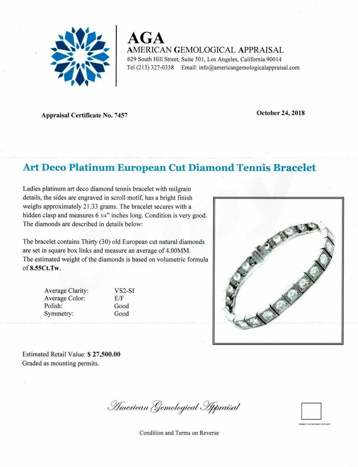 $27,500 Retail Antique Art Deco Bracelet 8.55 Carats E- F Old Euro Diamonds Plat