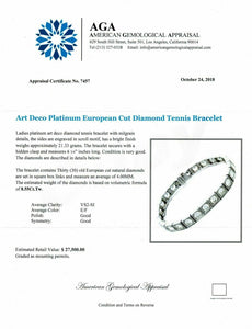 $27,500 Retail Antique Art Deco Bracelet 8.55 Carats E- F Old Euro Diamonds Plat