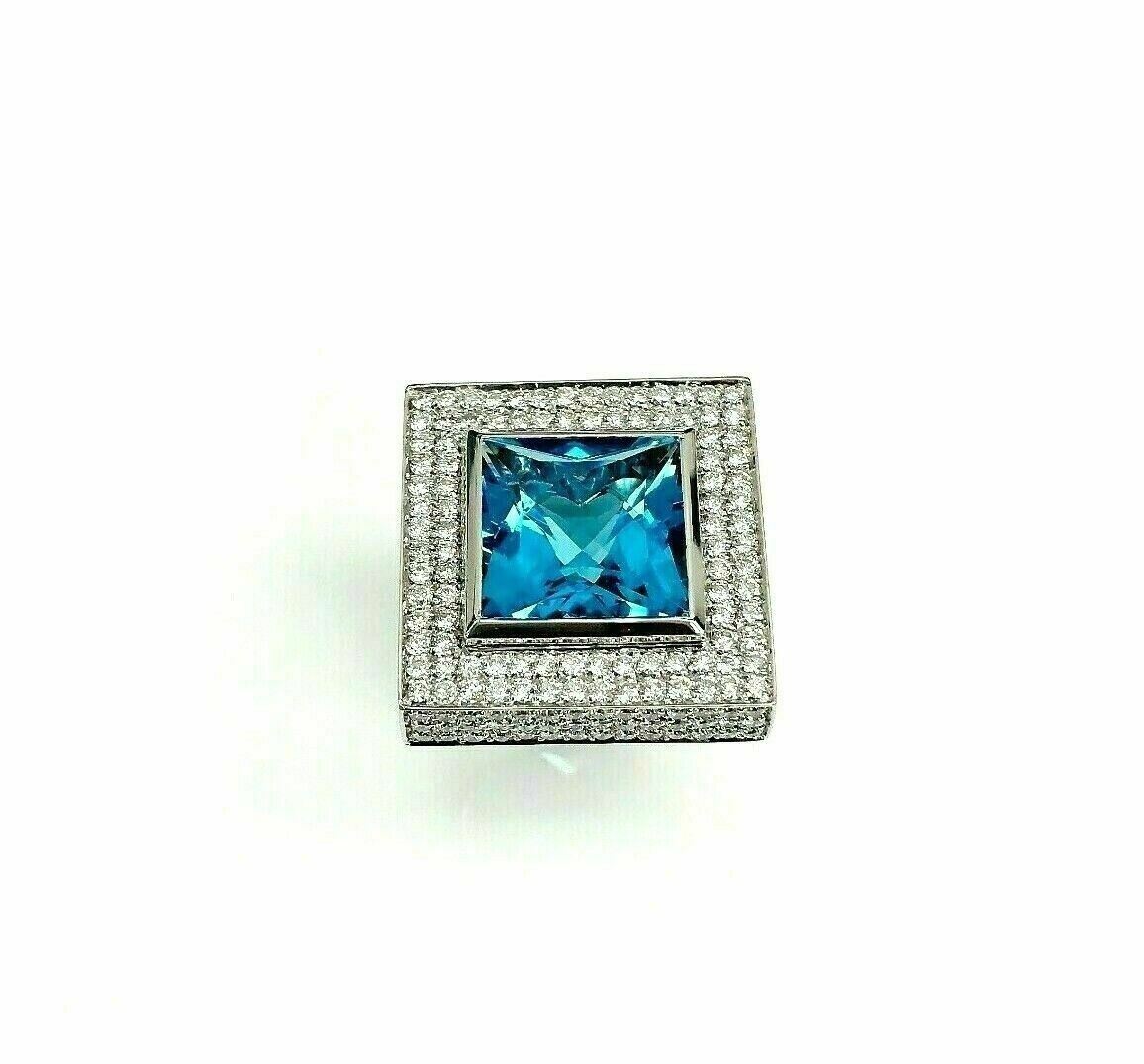 19.95 Carats Blue Topaz & Pave Diamond 4 Sided Celebration Ring 18k White Gold
