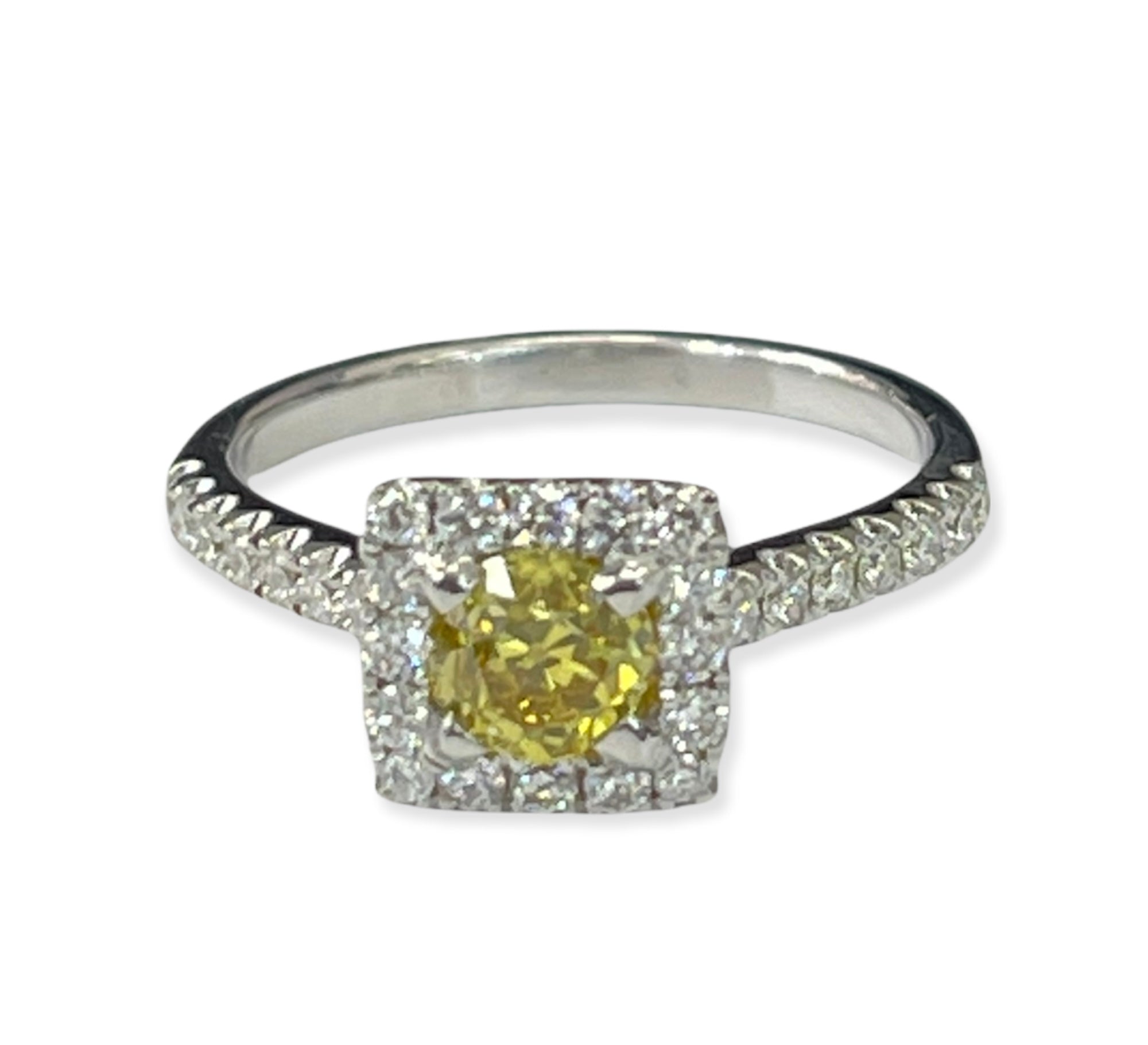Fancy Yellow Round Brilliant Halo Diamond Ring White Gold 18kt