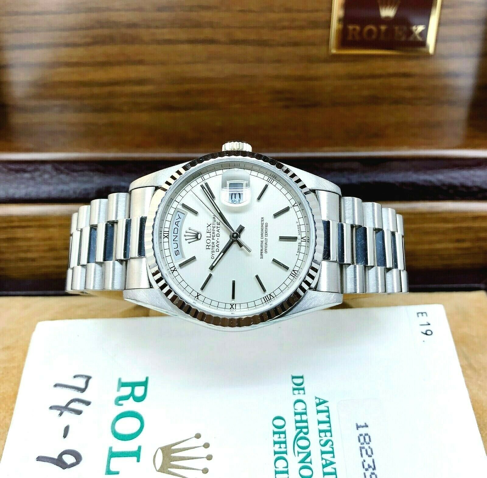 Rolex Day Date President 18K White Gold 36mm Watch 18239 Box and Papers DQ Set