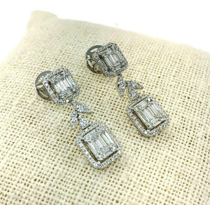 1.64 Carats Round and Baguette Diamond Halo Dangle Earrings 1.00 Inch Drop 18K