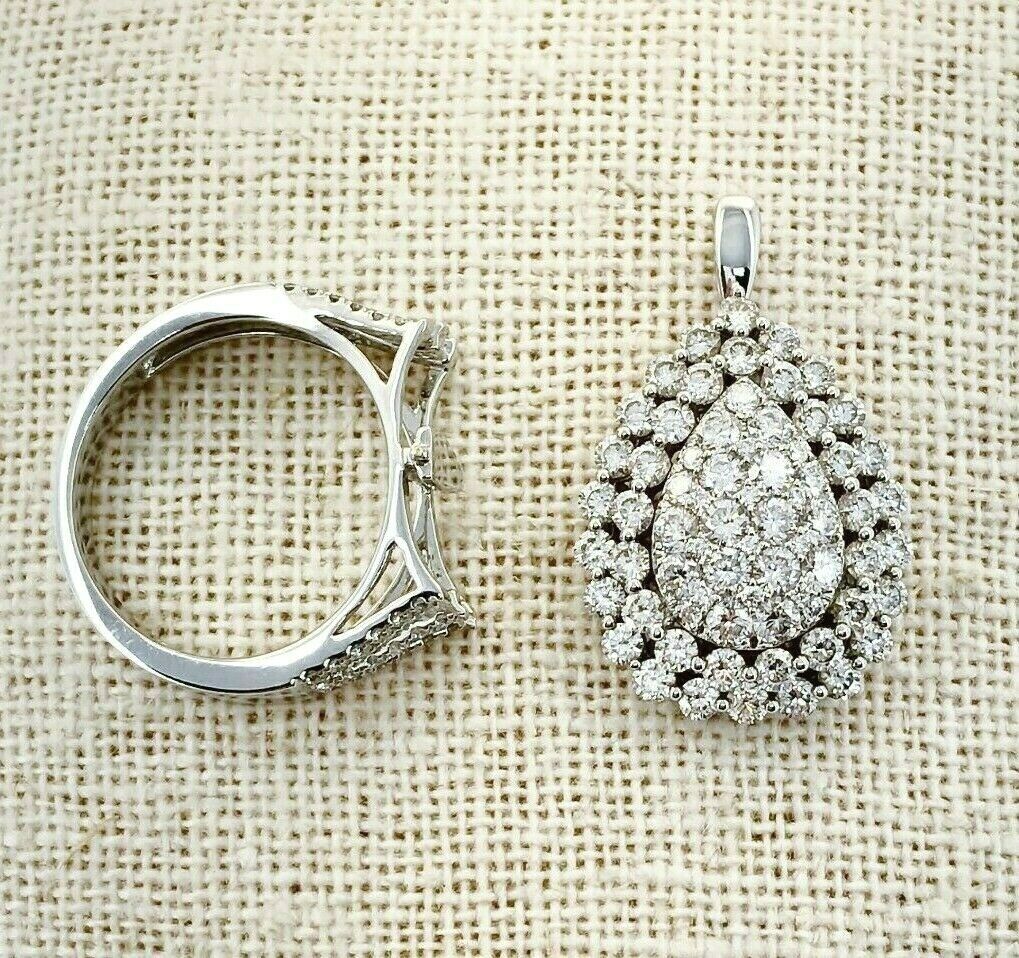 2.68 Carat t.w Large Pear Halo Diamond Pave Ring/Pendant Combo 18K White Gold