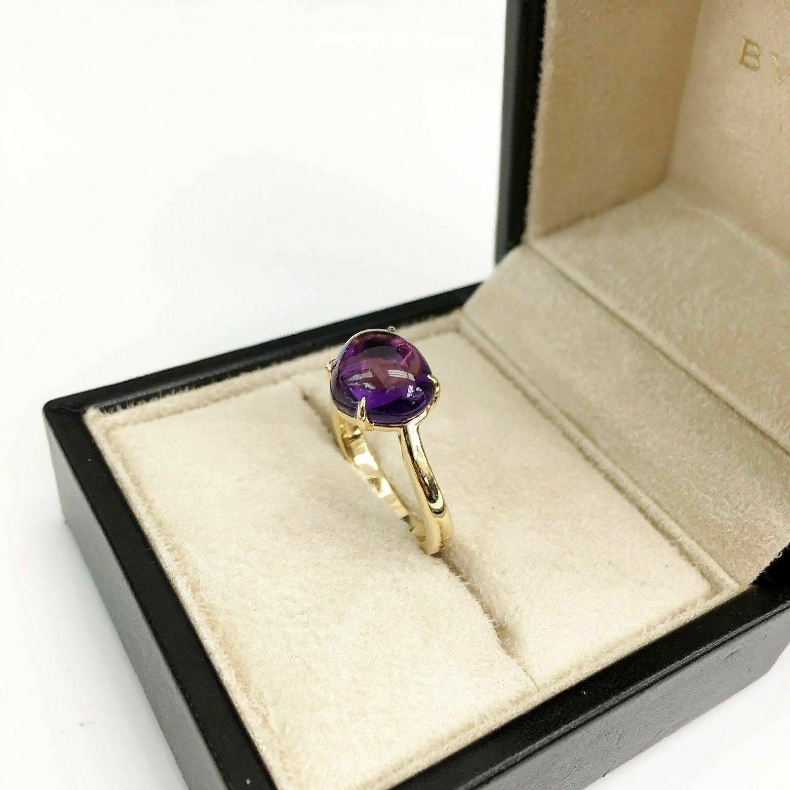 Authentic Bvlgari Solid 18 Karat Gold Sassi Amethyst Ring with Box Made in Italy