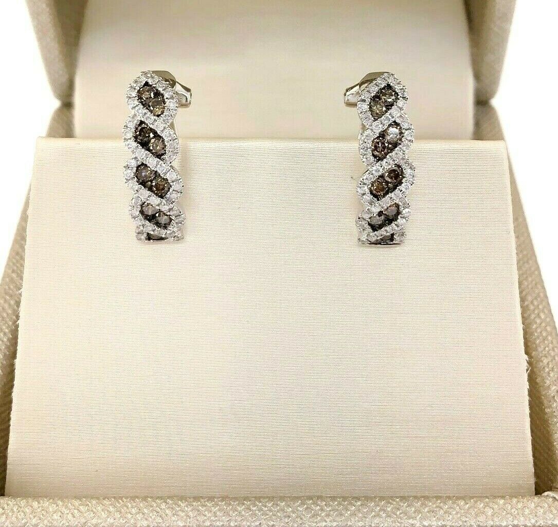 0.90 Carats t.w. White and Fancy Brown Diamond Hoop Earrings 14K White Gold