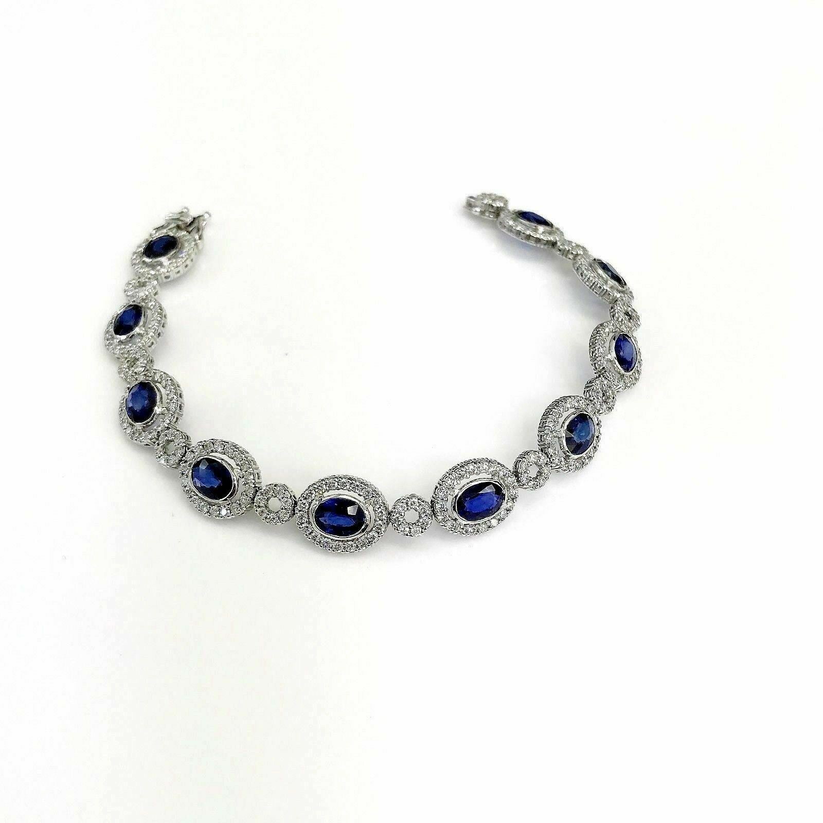 11.91 Carats Blue Sapphire and Diamond Tennis Bracelet 14K White Gold
