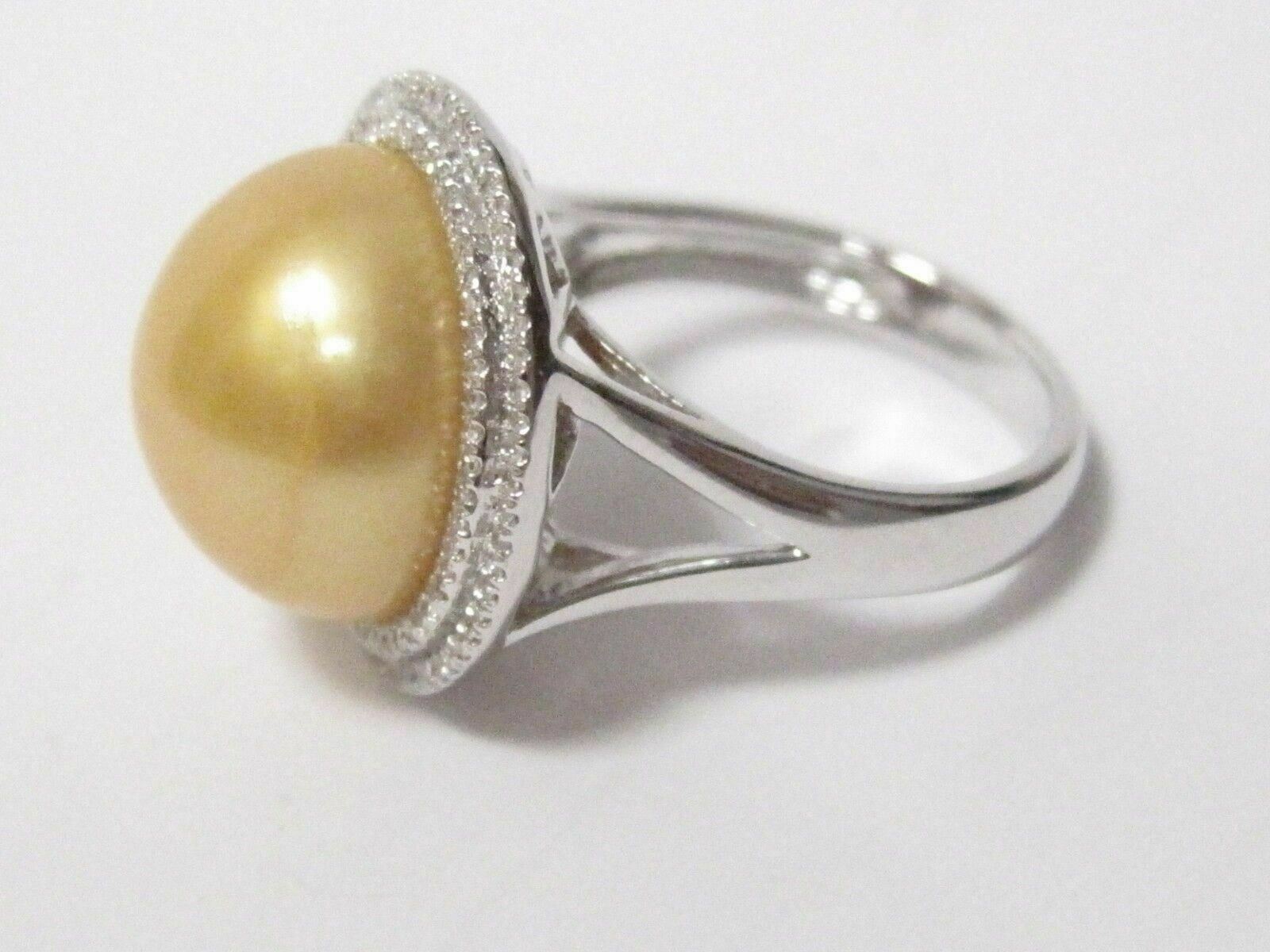 14mm Fresh Water Pearl w/ Diamond Accents Solitaire Ring Size 7 14k White Gold