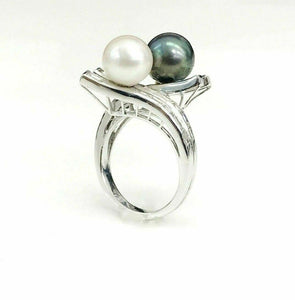 Green & White Round Pearl Ring with Crossed Baguette Diamonds in 18K White Gold