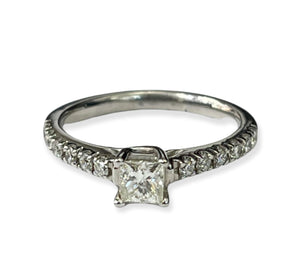 Princess Cut Solitaire Diamond Ring with Accents White Gold 14kt
