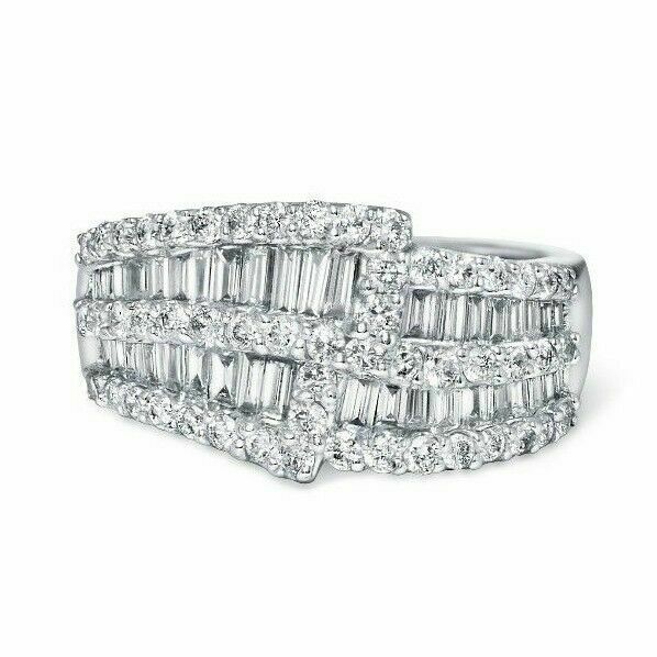 1.66 TCW Round and Baguette Diamond Overlay 18k White Gold Cocktail Ring size 8