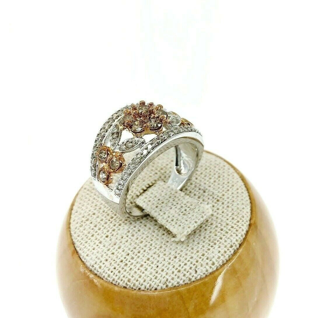 0.70 Carats Fancy Brown and White Round Brilliant Diamond Flower Motif Ring 14K