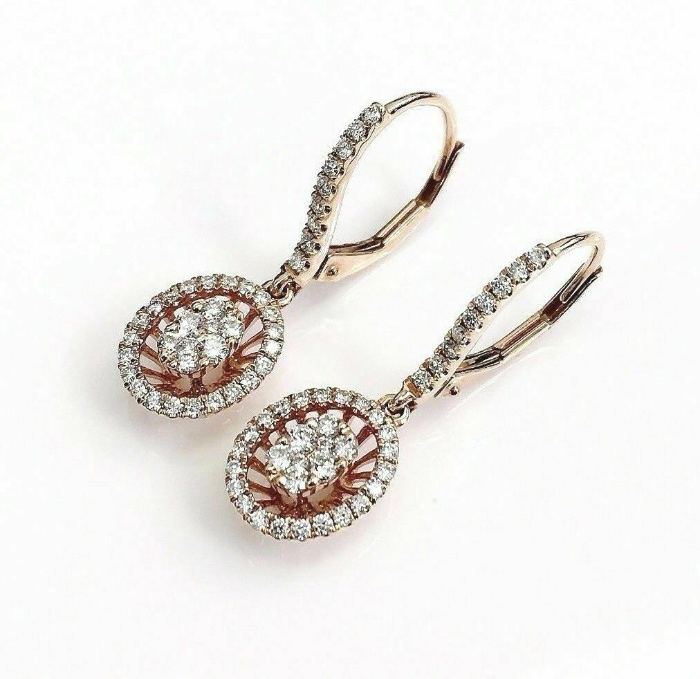 0.59 Carat t.w. Diamond Halo Dangle Earrings 18 Karat Rose Gold Brand New