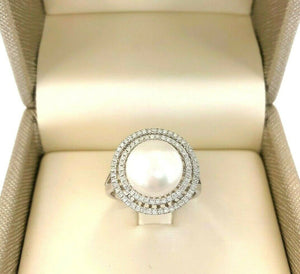 0.30 Carat Diamond & 10.5 mm Round Pearl Double Halo and Split Shank Ring 14K