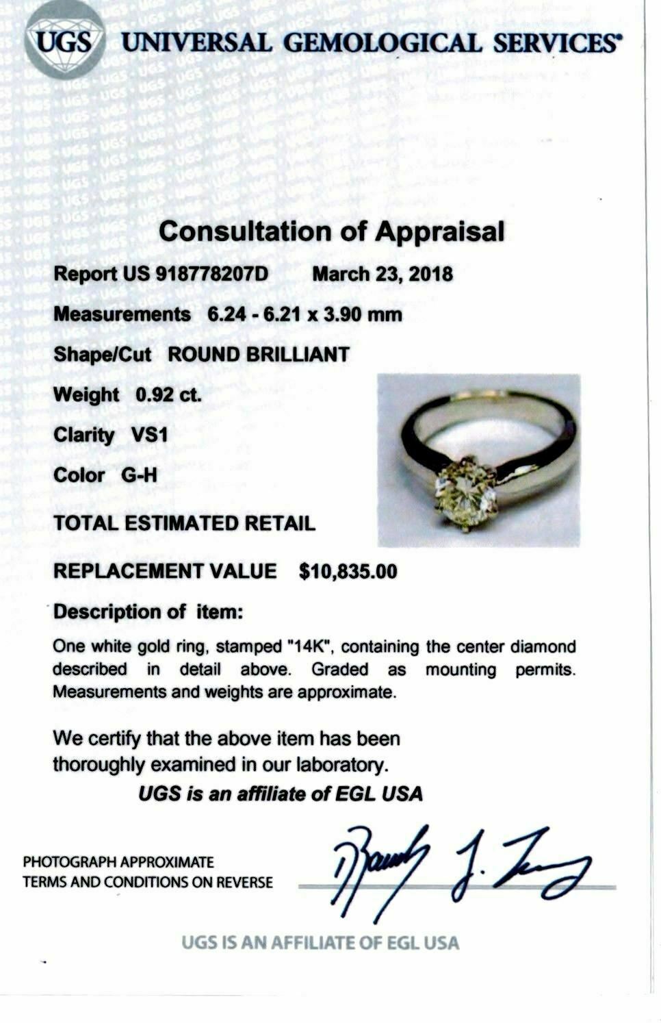 0.92 Carat Round Diamond Solitaire Wedding/Engagement Ring EGLUSA G-H VS1