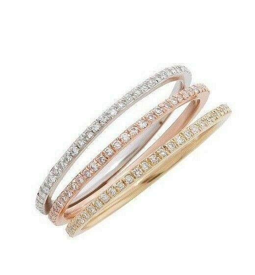 Stackable 3 Diamond Half Eternity Bands Set 14k White, Yellow, & Rose Gold