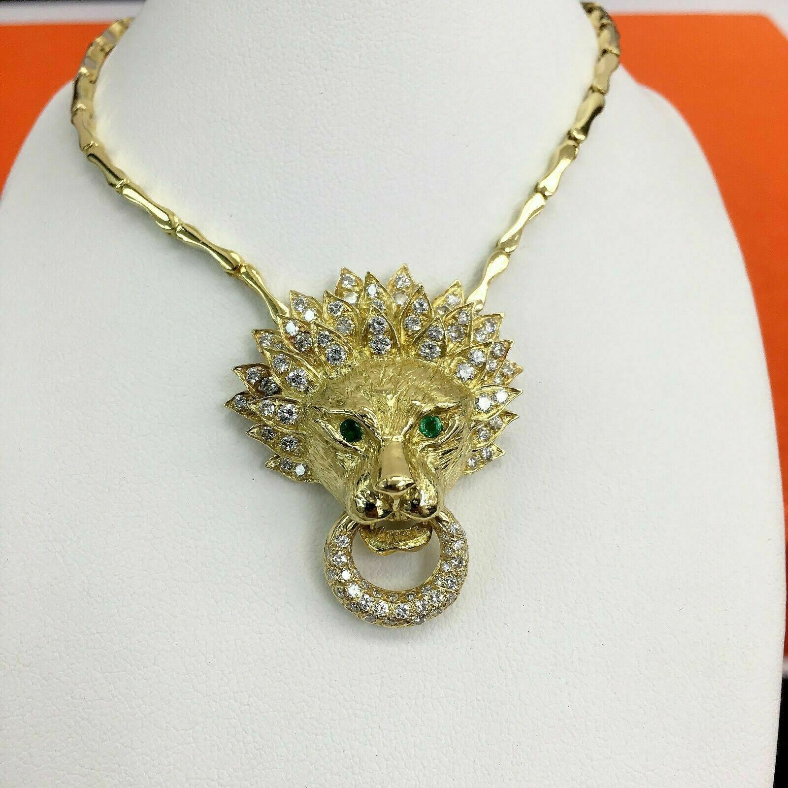 3.55 Carats t.w. Diamond and Emerald Lion's Mane w Necklace Solid 18K Gold