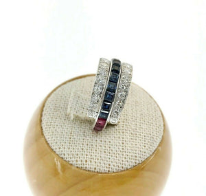 2.75 Carats Blue Sapphire, Ruby & Pave Round Diamond Eternity Reversible Ring