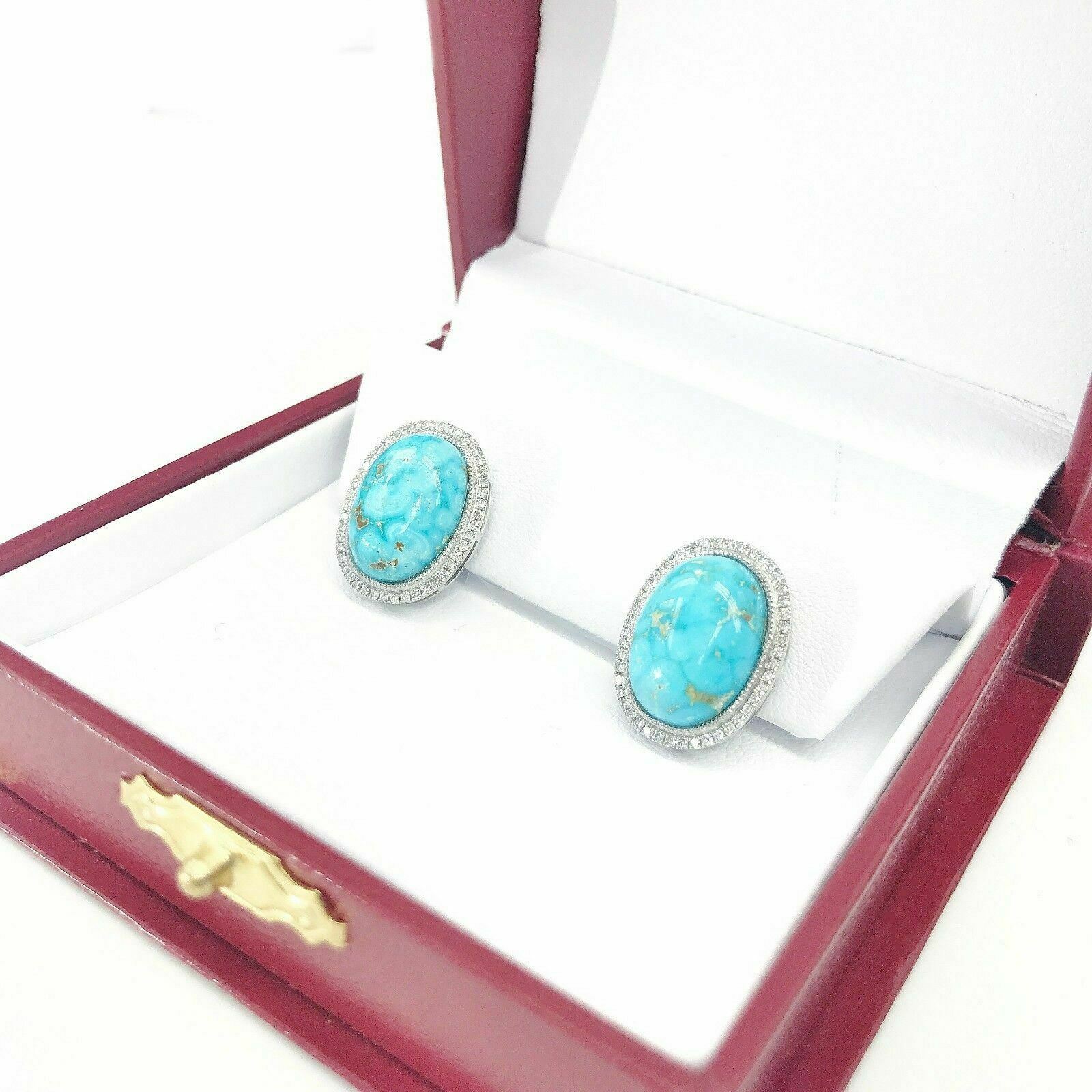 Turquoise w/ Halo Diamond Earrings 14K white Gold Push Back Studs
