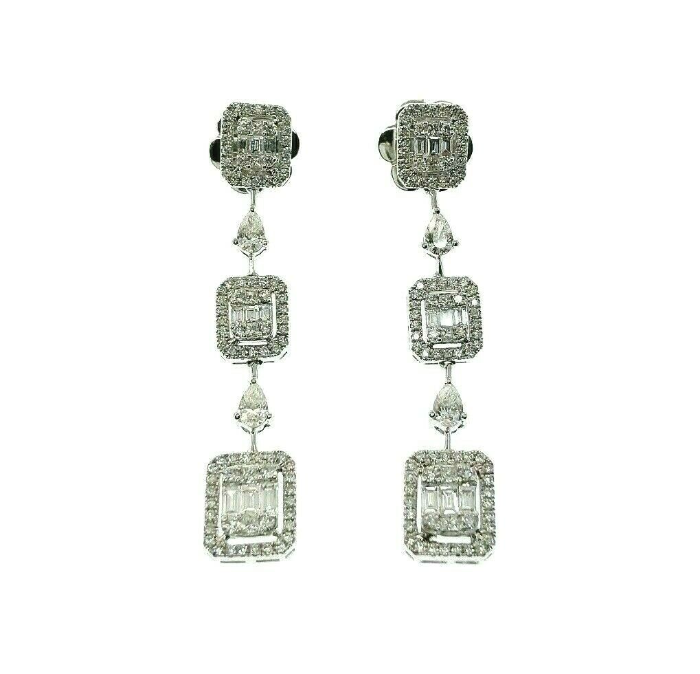 2.95 Carats Round and Baguette Diamond Halo Dangle Earrings 18K 2.00 Inch Drop